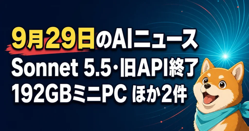 9月29日のAIニュース Sonnet 5.5・旧API終了 192GBミニPC ほか2件